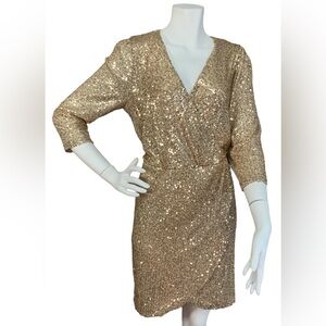 Gibson Look X Glam Chic Sequin Faux Wrap Dress In Champagne NWT sz medium